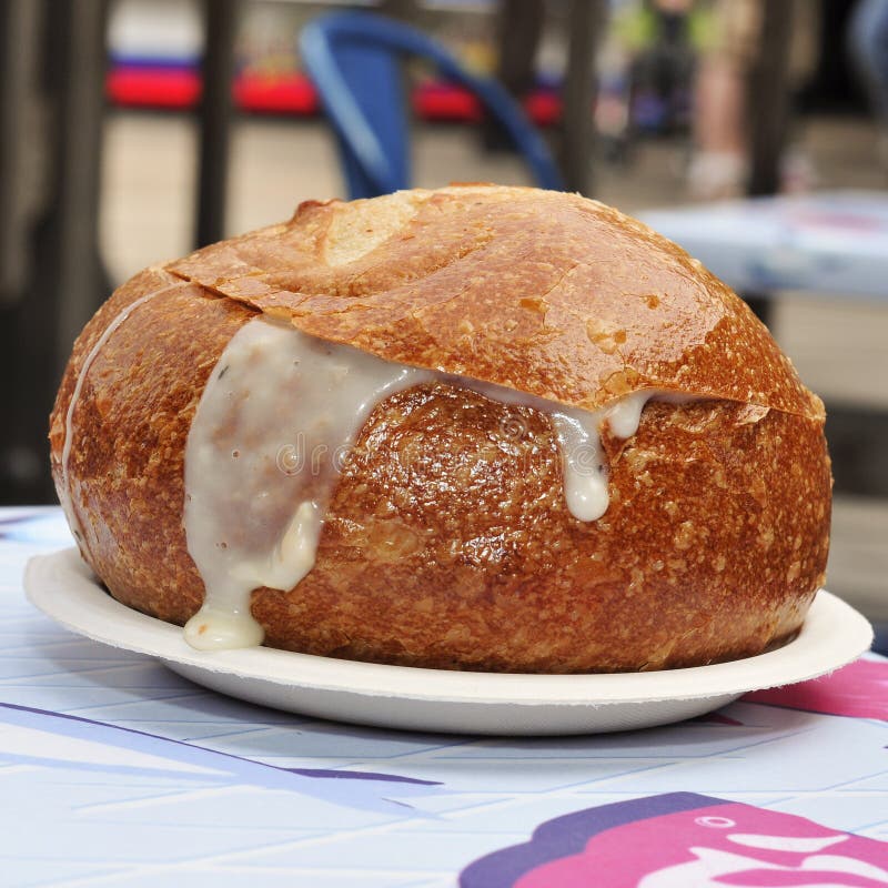 Closeup of a typical San Francisco chowder served in a bread bowl. Closeup of a typical San Francisco chowder served in a bread bowl