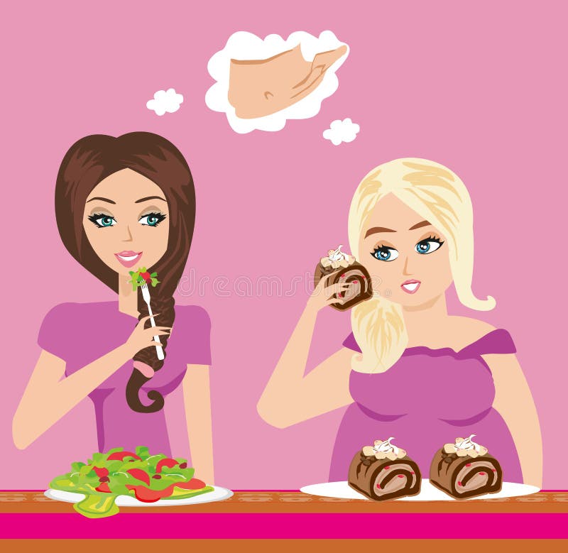 Gęste i cienkie dziewczyny w restauraci ilustracji Gęste i cienkie dziewczyny w restauraci ilustracji