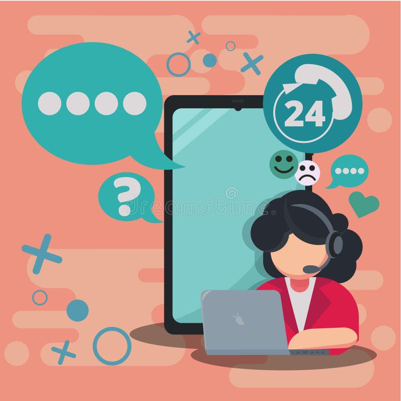 24h All The Time Call Center Support Via Phone Vector Illustrator Stock