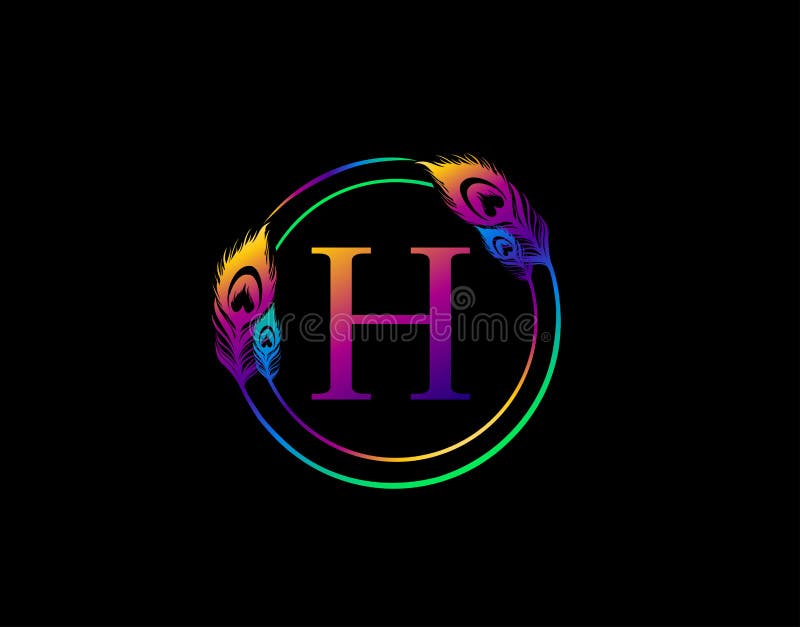 H Letter Decorated With Exotic Peacock Feather. Circle Badge With Peacock Feather vector illustration