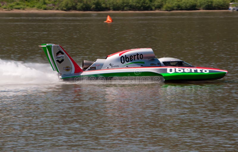 Madison, Indiana - July 5, 2014: Jimmy Shane drives the U-6 Oberto-MIss Madison hydroplane during a testing session at the Madison Regatta in Madison, Indiana on July 5, 2014. Madison, Indiana - July 5, 2014: Jimmy Shane drives the U-6 Oberto-MIss Madison hydroplane during a testing session at the Madison Regatta in Madison, Indiana on July 5, 2014.