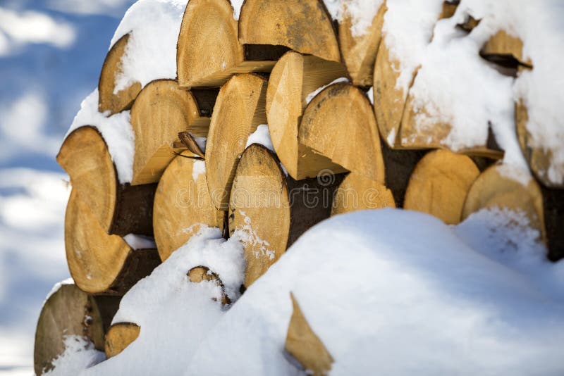 Ha accatastato ordinatamente la pila di legno asciutto tagliato dei tronchi coperto di neve all'aperto il giorno soleggiato dell' fotografia stock Ha accatastato ordinatamente la pila di legno asciutto tagliato dei tronchi coperto di neve all'aperto il giorno soleggiato dell' fotografia stock