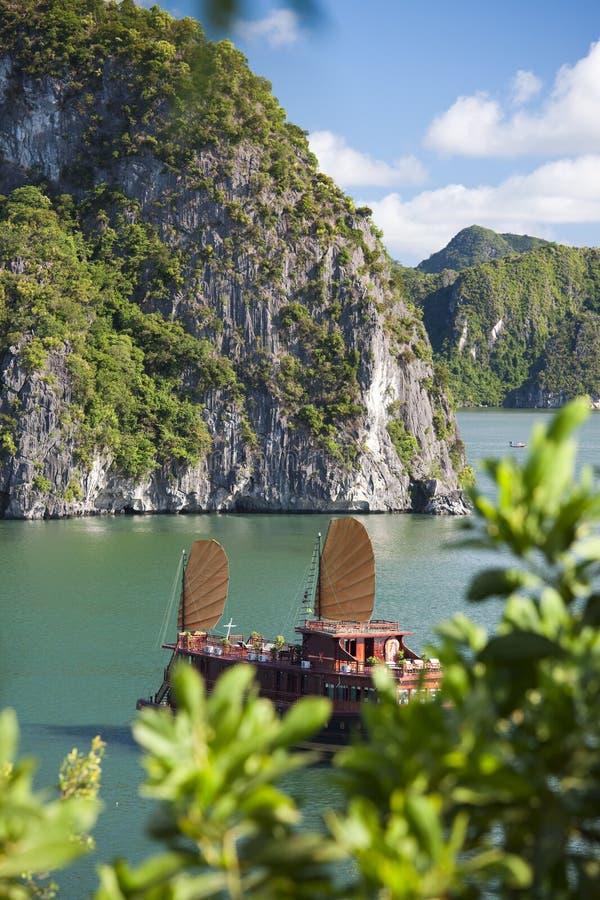 Scenic view of Ha Long bay with boat in foreground, Vietnam.