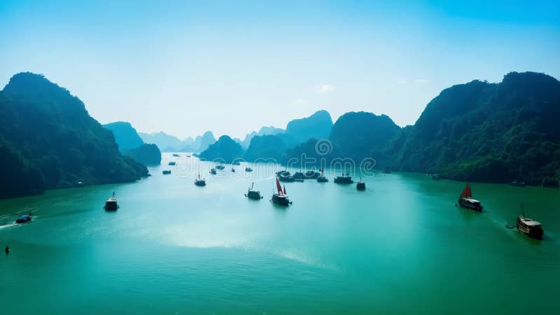 Ha Long Bay Vietnam Vue aérienne des bateaux et des karstes en calcaire illustration stock