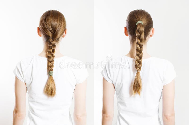 Haarfarbe. Hinteransicht Frau geflochtene Haarstile isoliert auf weißem Hintergrund Kopierraum. Gesundheitsfürsorge lizenzfreies stockbild