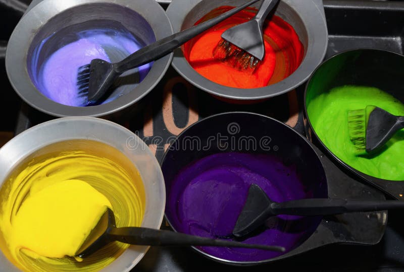 Hair dye in bowls. Hair coloring conception. Hair dye in bowls. Hair coloring conception
