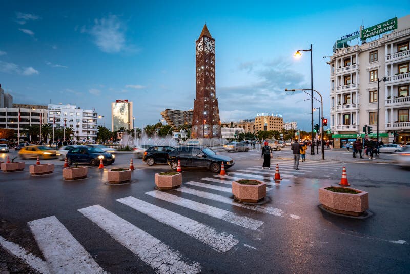Habib Bourguiba Avenue roundabout with the clock tower in the middle, Tunis, Tunisia. Habib Bourguiba Avenue roundabout with the clock tower in the middle, Tunis, Tunisia