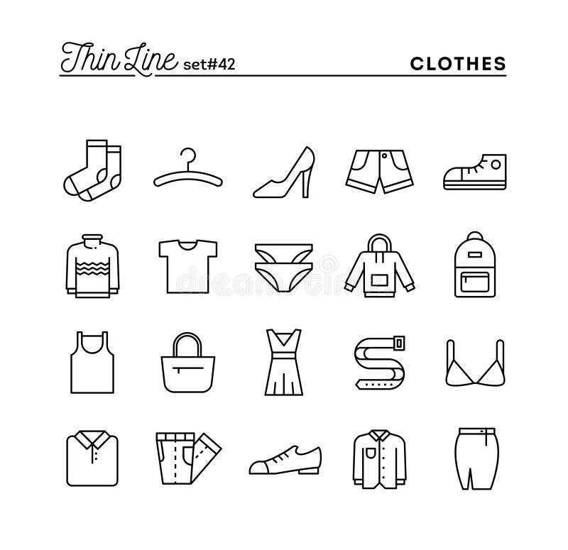 Clothing, thin line icons set, vector illustration. Clothing, thin line icons set, vector illustration