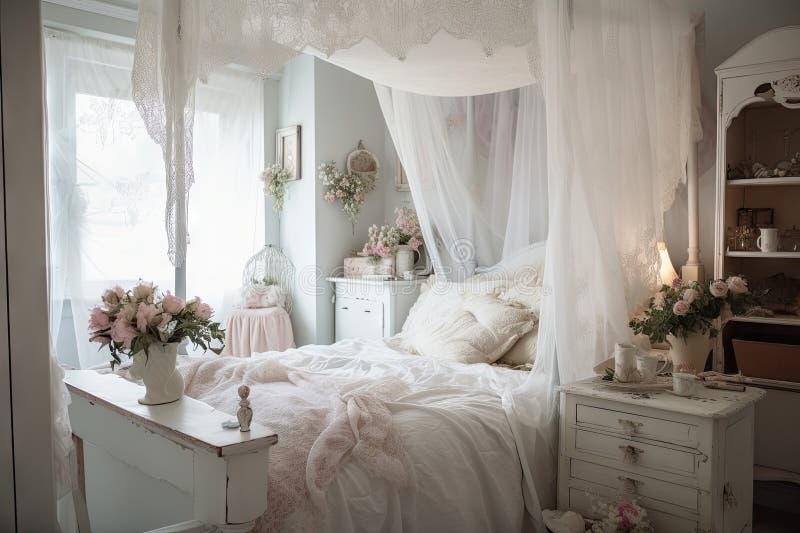 Shabby chic dormitorio con cortinas de encaje de sábanas blancas y muebles  delicados