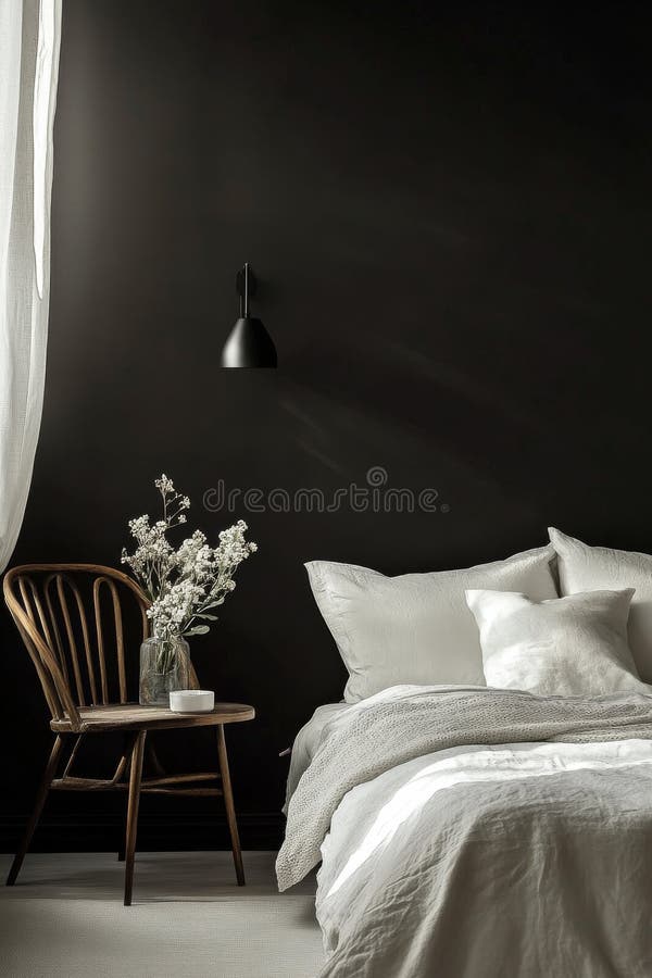 Habitación elegante con paredes oscuras y una iluminación moderna con flores frescas y una decoración acogedora fotografía de archivo