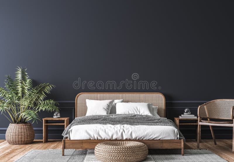 Habitación oscura interior mockola cama de mimbre de madera sobre fondo vacío de pared oscura