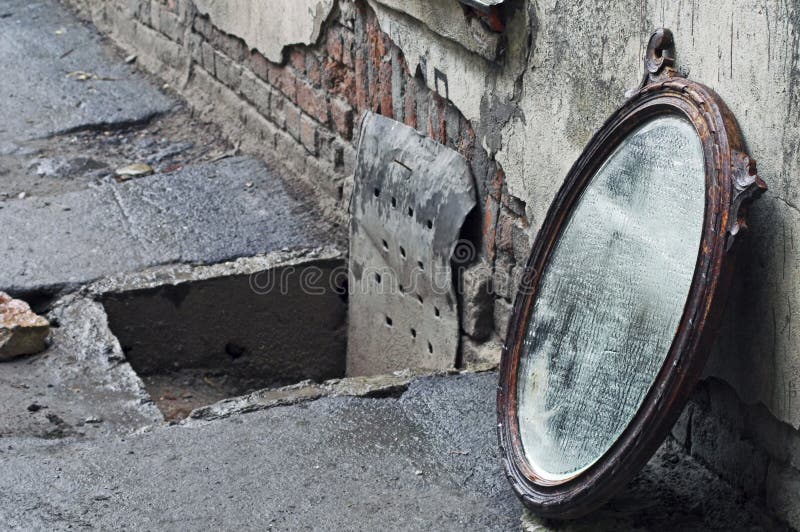 Thrown Out Old Mirror Standing Against Wall. Thrown Out Old Mirror Standing Against Wall