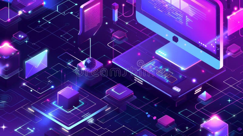 Hackathon landing page. Web banner with a 3D logo. Computer desktop with binary code on screen. Pc software development royalty free stock photo