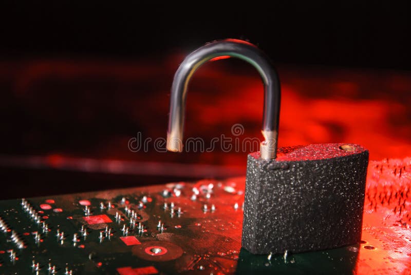 Hacked database system, personal information. Open lock on alarming red background. stock image Hacked database system, personal information. Open lock on alarming red background. stock image