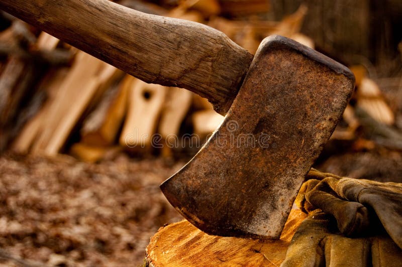 Mann, Der Holz In Seinem Garten Hackt Stockfoto Bild von