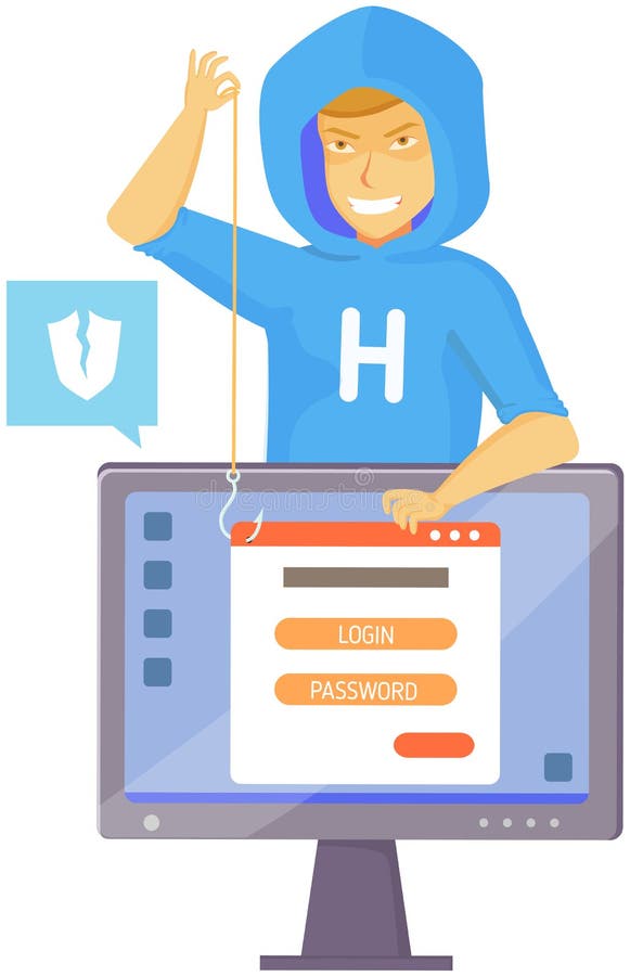 Hacker attack. Hacker breaks into computer. Cyber attacker cracker trying to hack laptop password vector illustration