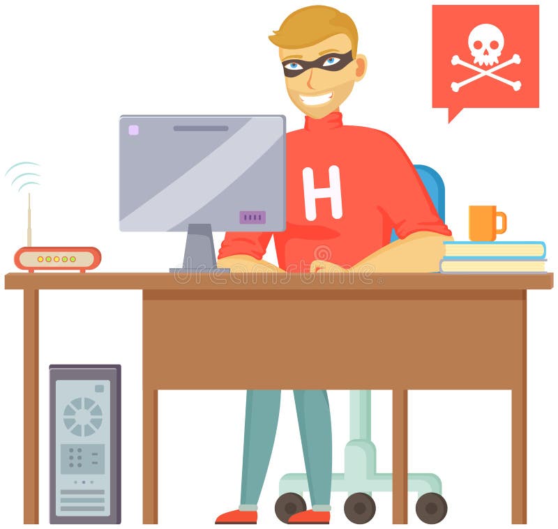 Hacker attack. Hacker breaks into computer. Cyber attacker cracker trying to hack laptop password vector illustration