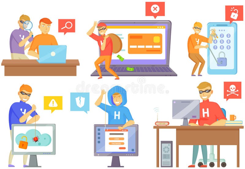 Hacker attack. Hacker breaks into computer. Cyber attacker cracker trying to hack laptop password vector illustration