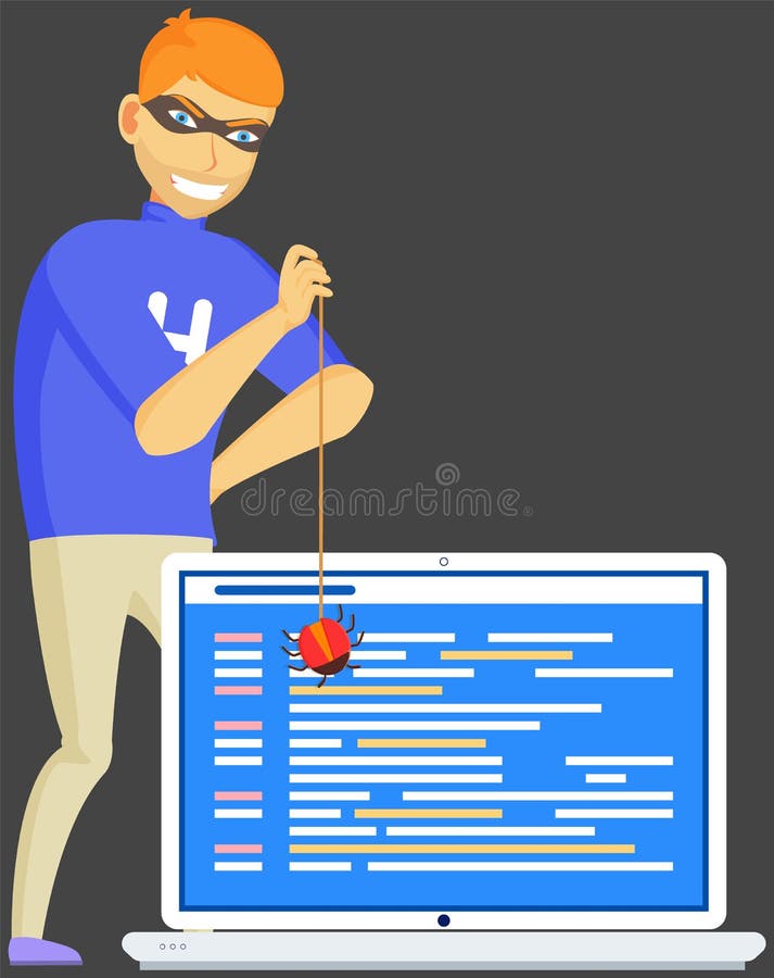 Hacker attack. Hacker breaks into computer. Cyber attacker cracker trying to hack laptop password stock illustration
