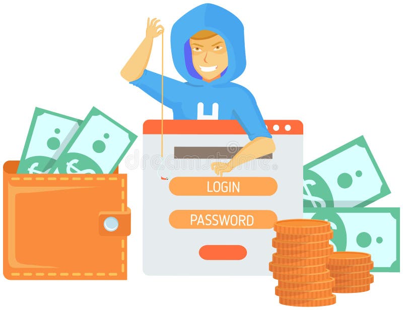 Hacker attack. Hacker breaks into computer. Cyber attacker cracker trying to hack laptop password stock illustration