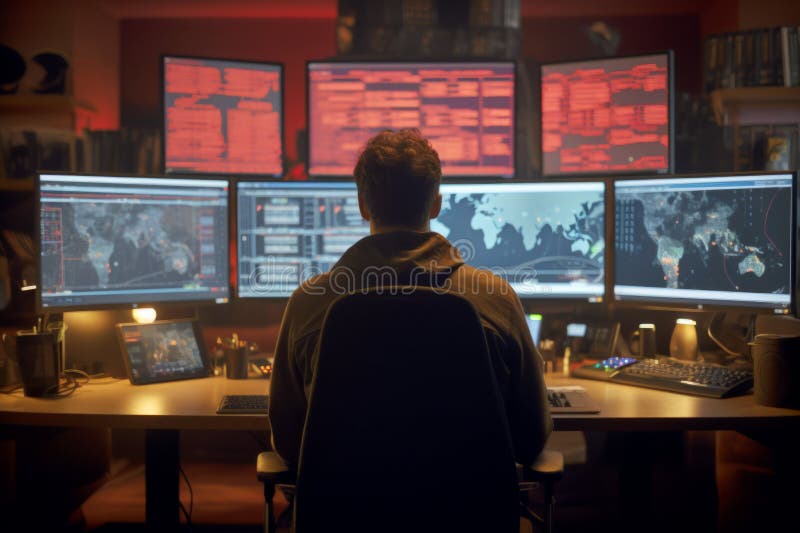 Hacker back view computer cyberspace security criminal technology burglar coding internet fraud danger virtual virus stock illustration