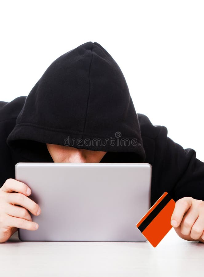 Hacker with a Bank Card royalty free stock images