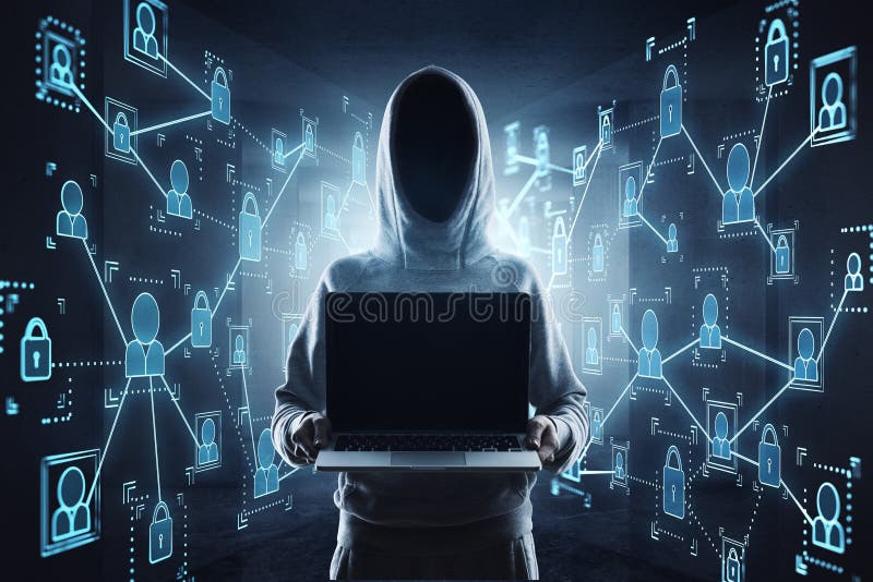 Hacker and blank laptop stock photography