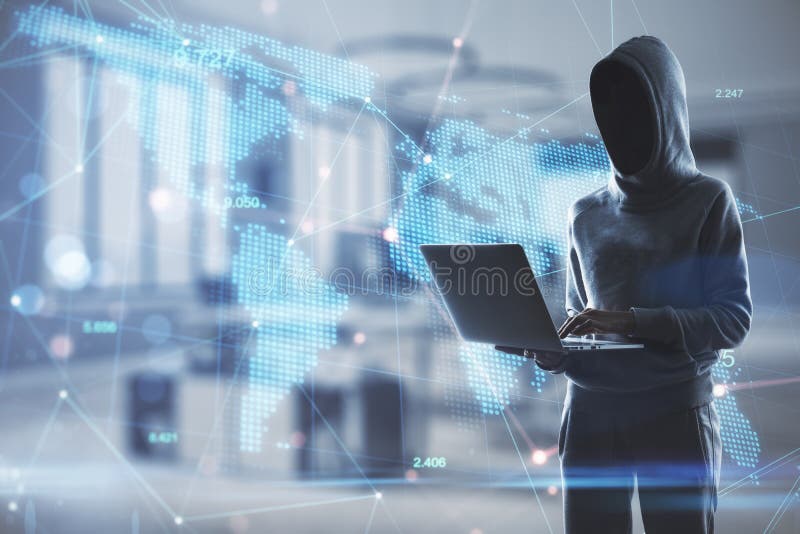Hacker in blurry office interior using laptop with digital map. royalty free stock image