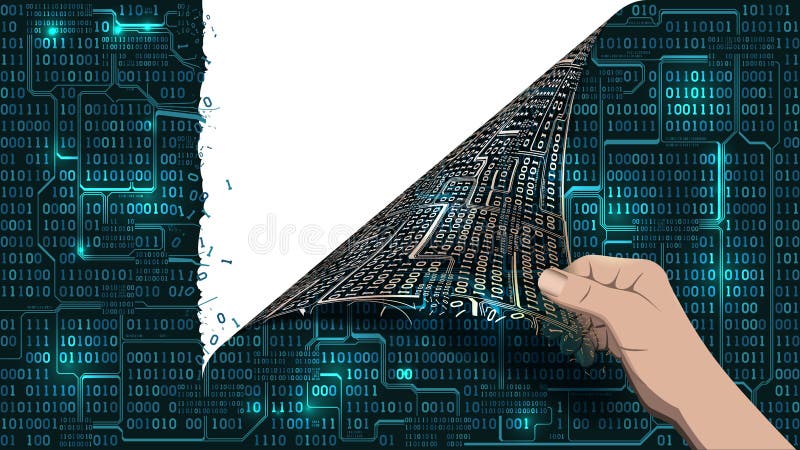 Hacker breaks an abstract computer system, network screen antivirus tears a binary array matrix cyberspace, well organized layers stock illustration