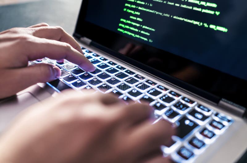 Hacker code in laptop. Cyber security, privacy or hack threat. Coder or programmer writing virus software, malware. royalty free stock images