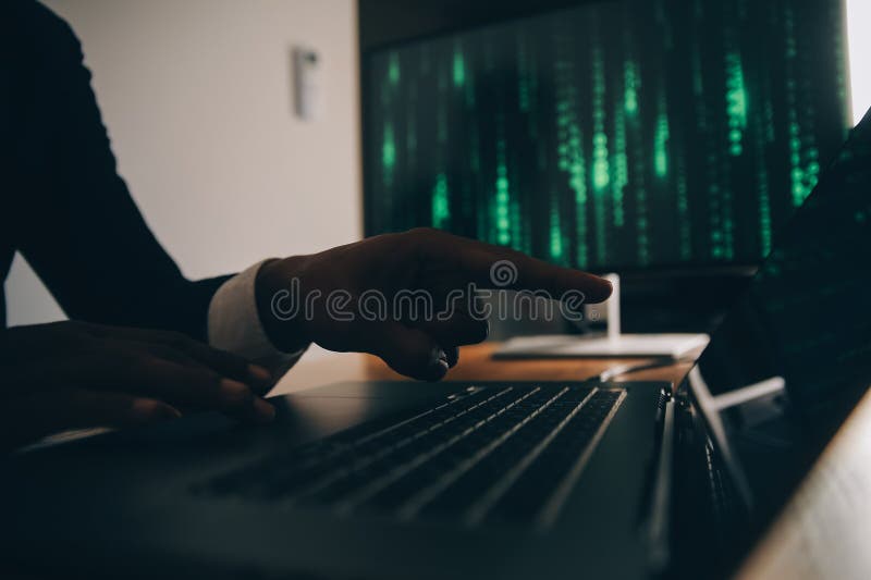 Hacker code in laptop. Cyber security, privacy or hack threat. Coder or programmer writing virus software, malware, internet stock photography