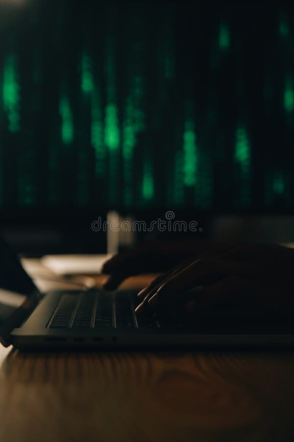 Hacker code in laptop. Cyber security, privacy or hack threat. Coder or programmer writing virus software, malware, internet stock photography