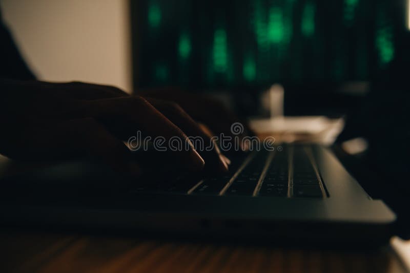 Hacker code in laptop. Cyber security, privacy or hack threat. Coder or programmer writing virus software, malware, internet stock photos