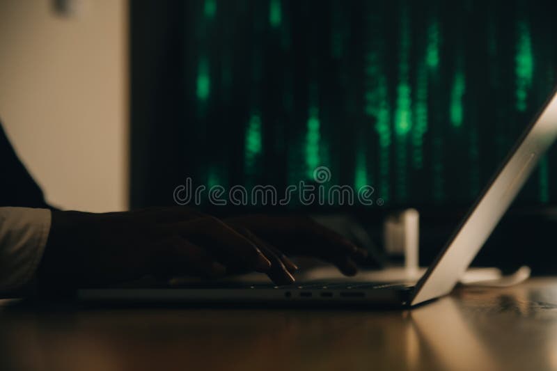 Hacker code in laptop. Cyber security, privacy or hack threat. Coder or programmer writing virus software, malware, internet royalty free stock photo