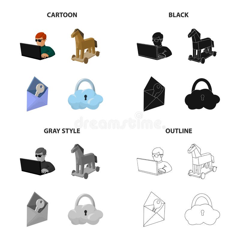 Hacker and computer, Trojan horse, envelope and key, cloud under lock. Hacker and hacking set collection icons in royalty free illustration