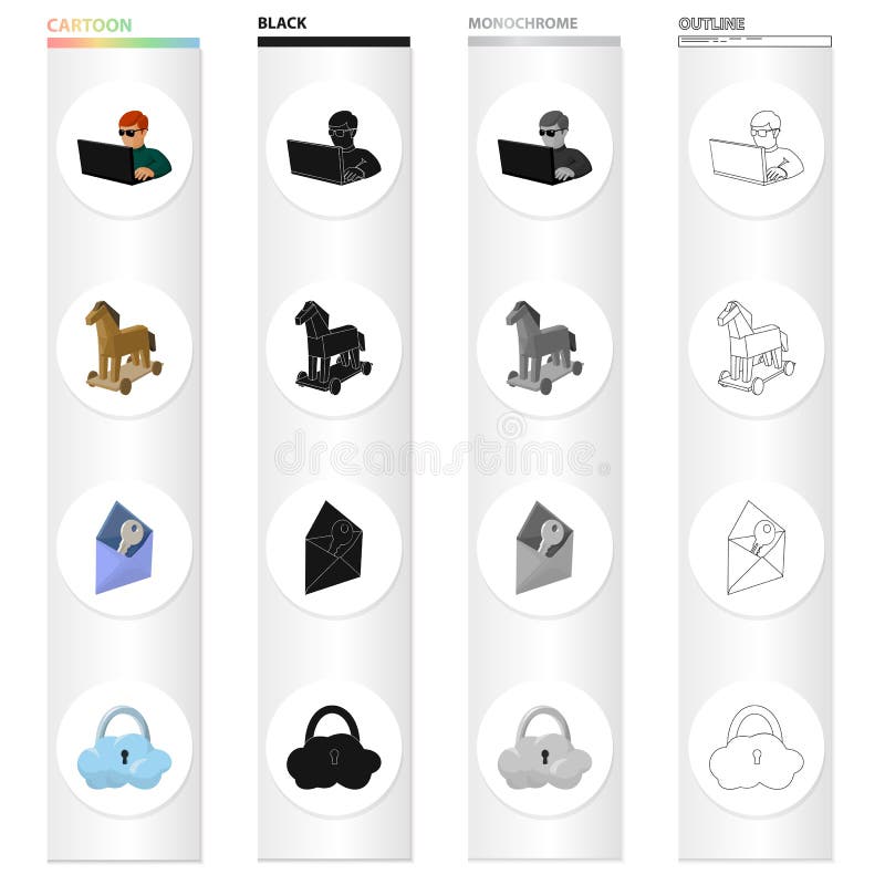 Hacker and computer, Trojan horse, envelope and key, cloud under lock. Hacker and hacking set collection icons in vector illustration