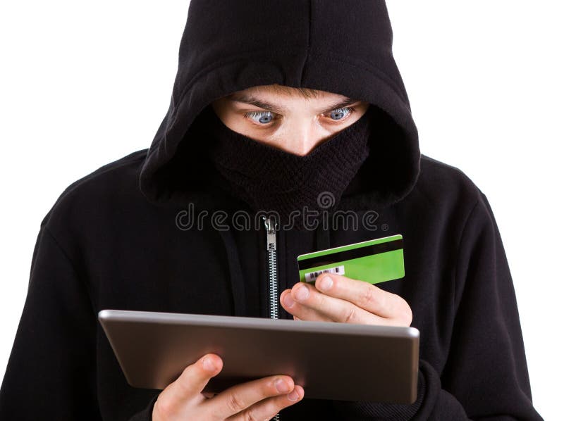 Hacker con carta bancaria immagini stock