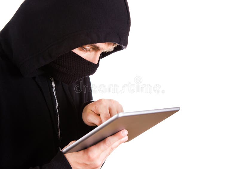 Hacker con Tablet PC fotografia stock
