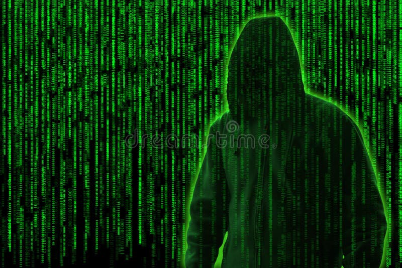 Conceptual image of a hacker on matrix background of falling green computer code digits. Conceptual image of a hacker on matrix background of falling green computer code digits