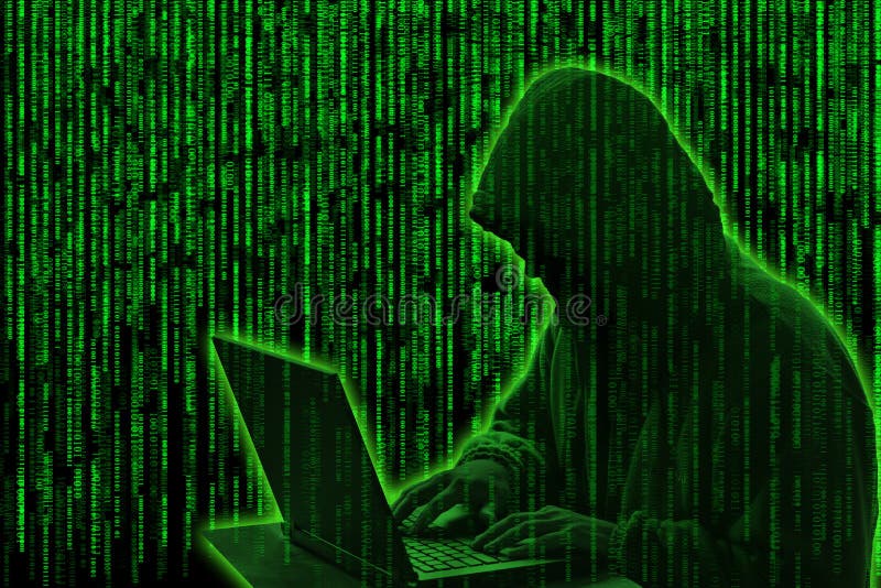 Conceptual image of a hacker on matrix background of falling green computer code digits. Conceptual image of a hacker on matrix background of falling green computer code digits