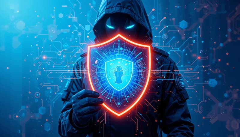 Hacker cu glugă care deține un scut strălucitor într-un mediu digital royalty free illustration