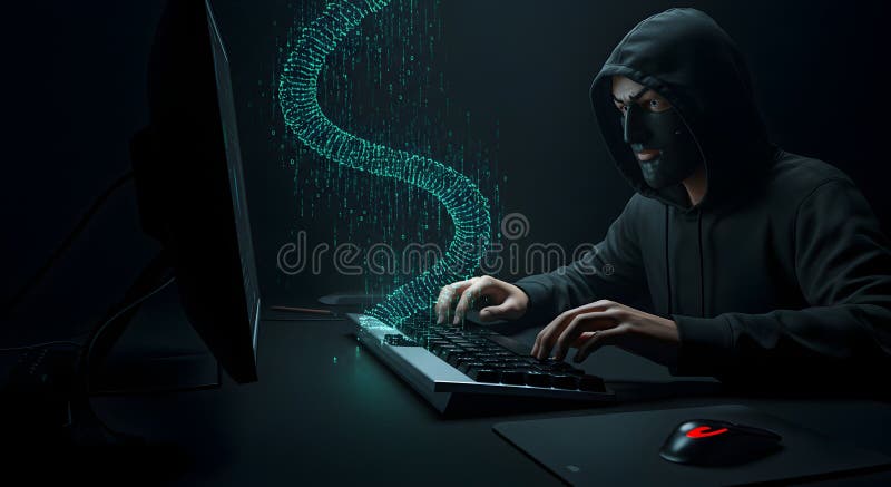 Hacker cu glugă care exploatează vulnerabilitatea rețelei digitale pe un sistem informatic vector illustration