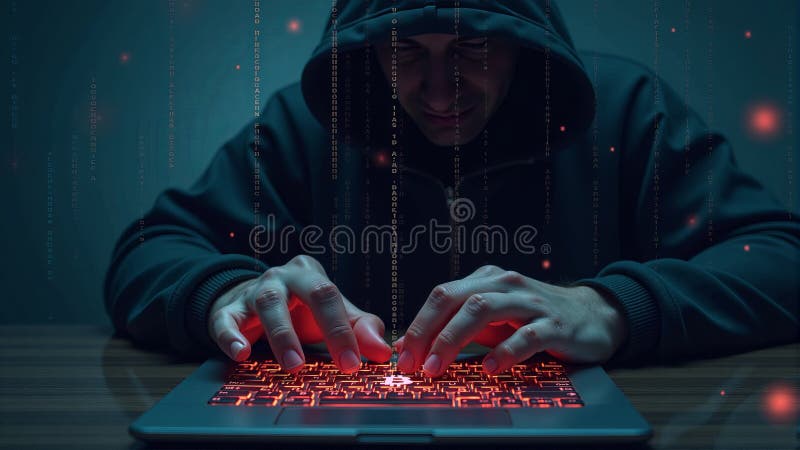 Hacker cu glugă de tastare pe laptop vector illustration