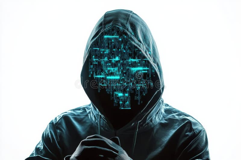 Hacker cu glugă cu față binară pe fundal alb cybercrime anonimat royalty free illustration