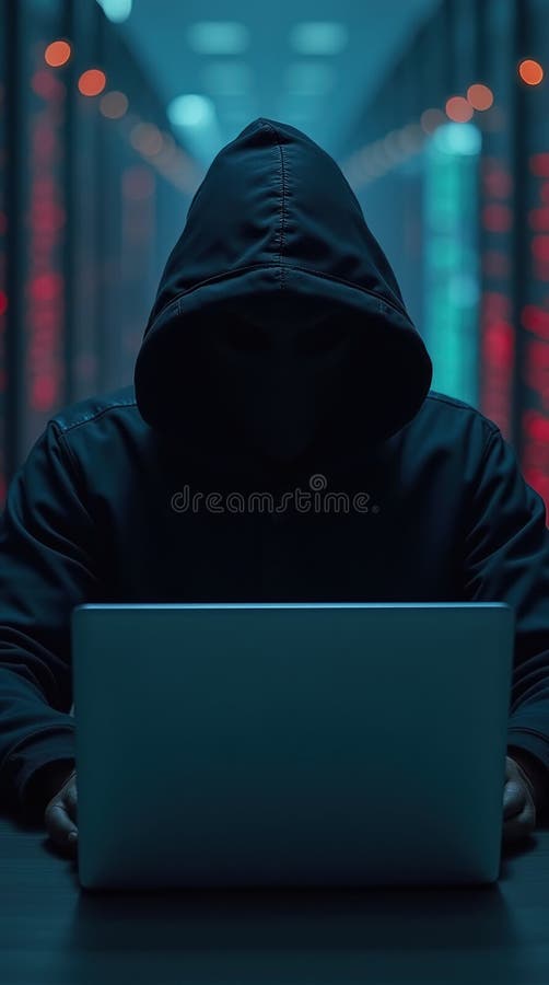 Hacker cu glugă infiltrat server de date pe timp de noapte vector illustration
