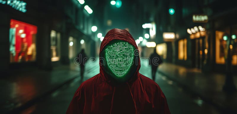 Hacker cu glugă purtând o mască creată din codul digital strălucitor AI generat vector illustration