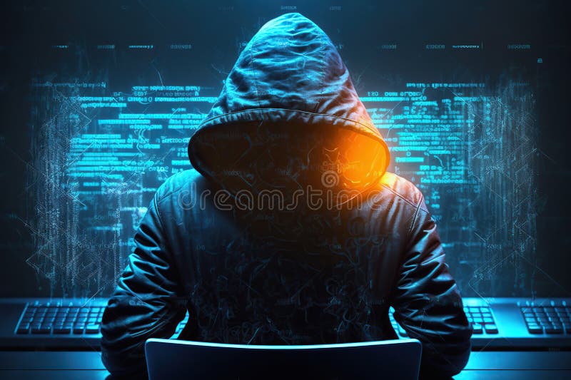 Hacker cu glugă stând în fața unui laptop. cod de programare pe fundal. ai generativ royalty free illustration