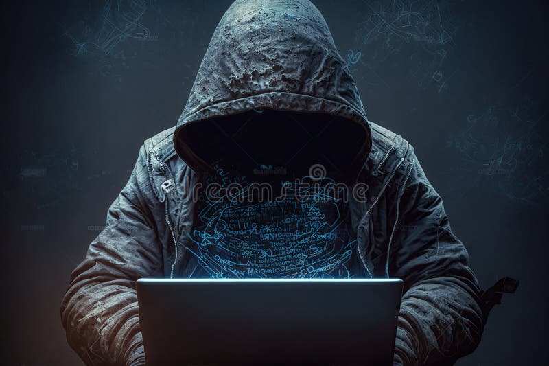 Hacker cu glugă stând în fața unui laptop cu fond întunecat. ai generativ royalty free illustration