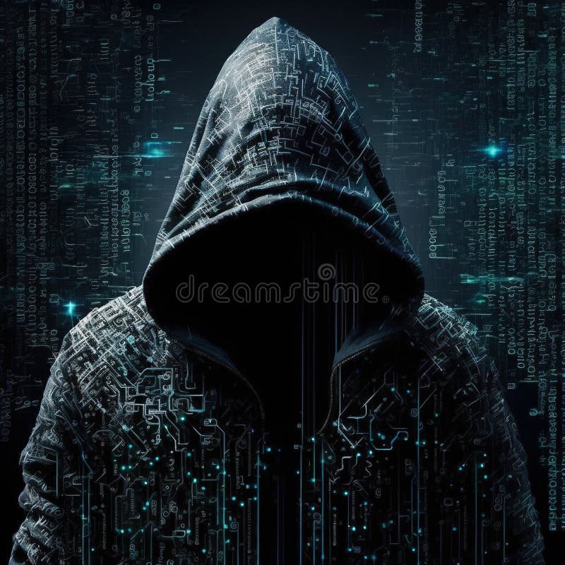 Hacker cu glugă un om într-o jachetă cu glugă cu un model pe față vector illustration