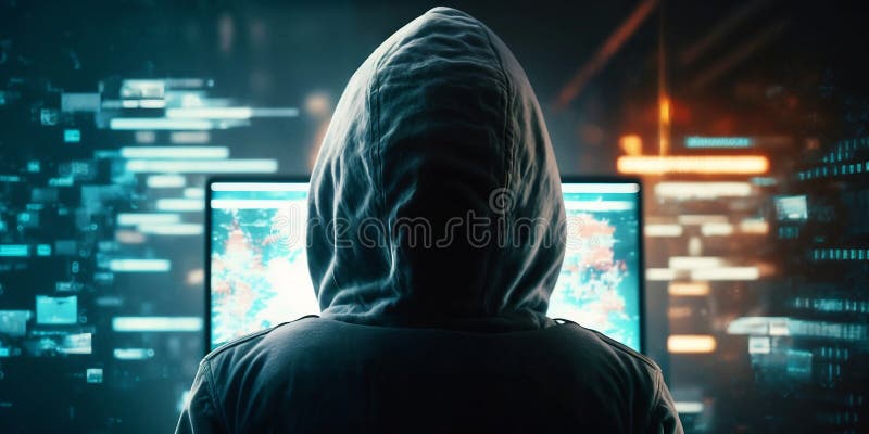 Hacker cu glugă în fața computerului care comite infracțiuni informatice royalty free illustration